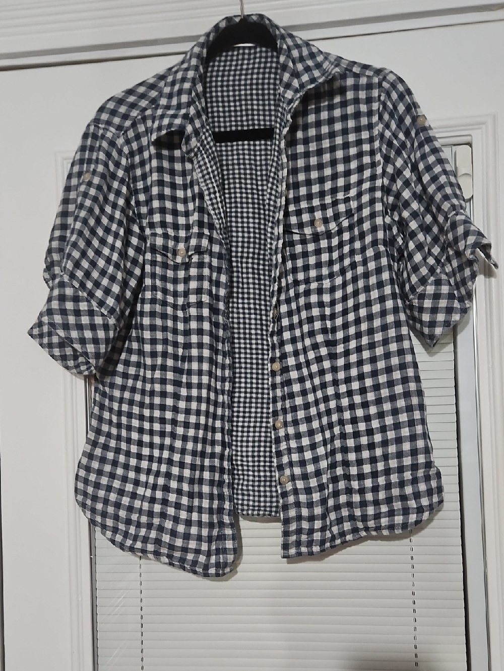 Men's Navy and White Gingham Button-Up Shirt